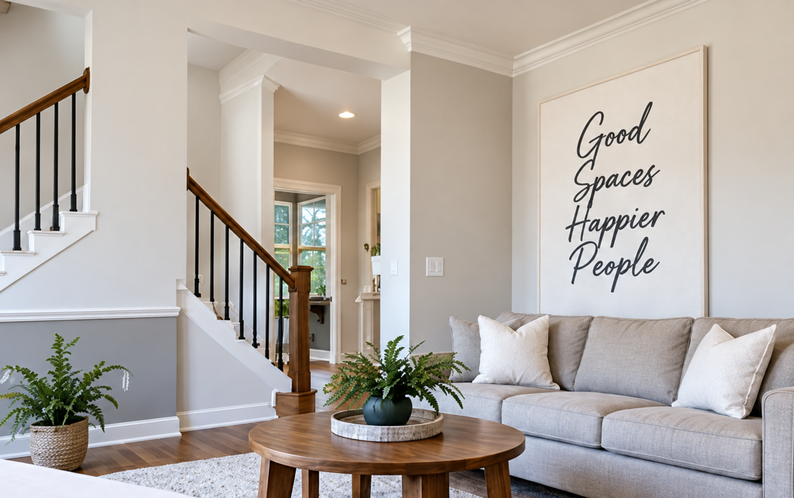 Bright living room with soft neutral walls and a staircase