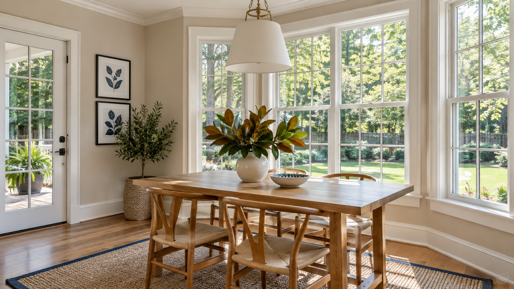Sunlit dining nook with warm painted walls, oak furniture and magnolia leaves