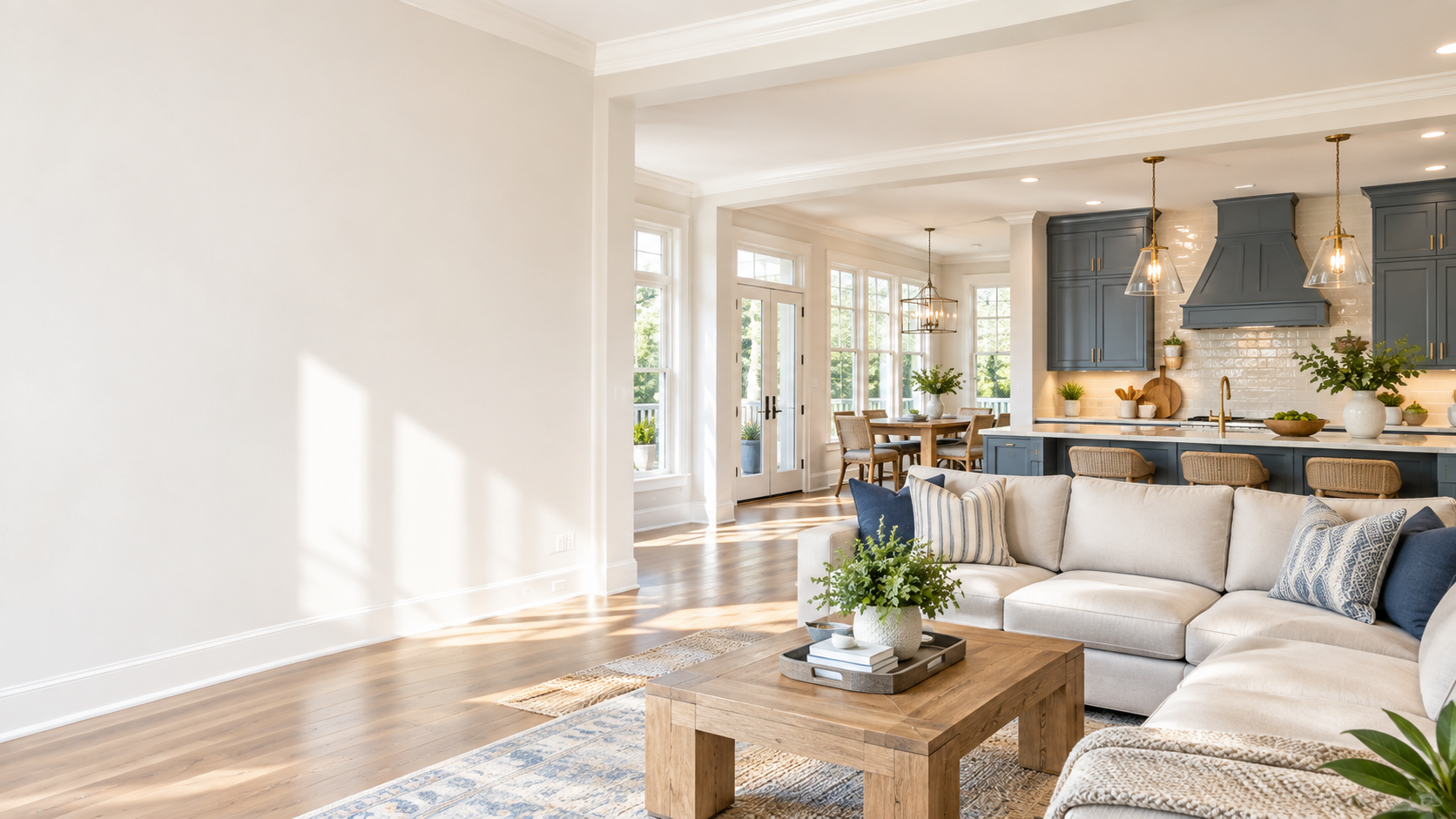 Bright living area opening to a kitchen with painted cabinets and tile